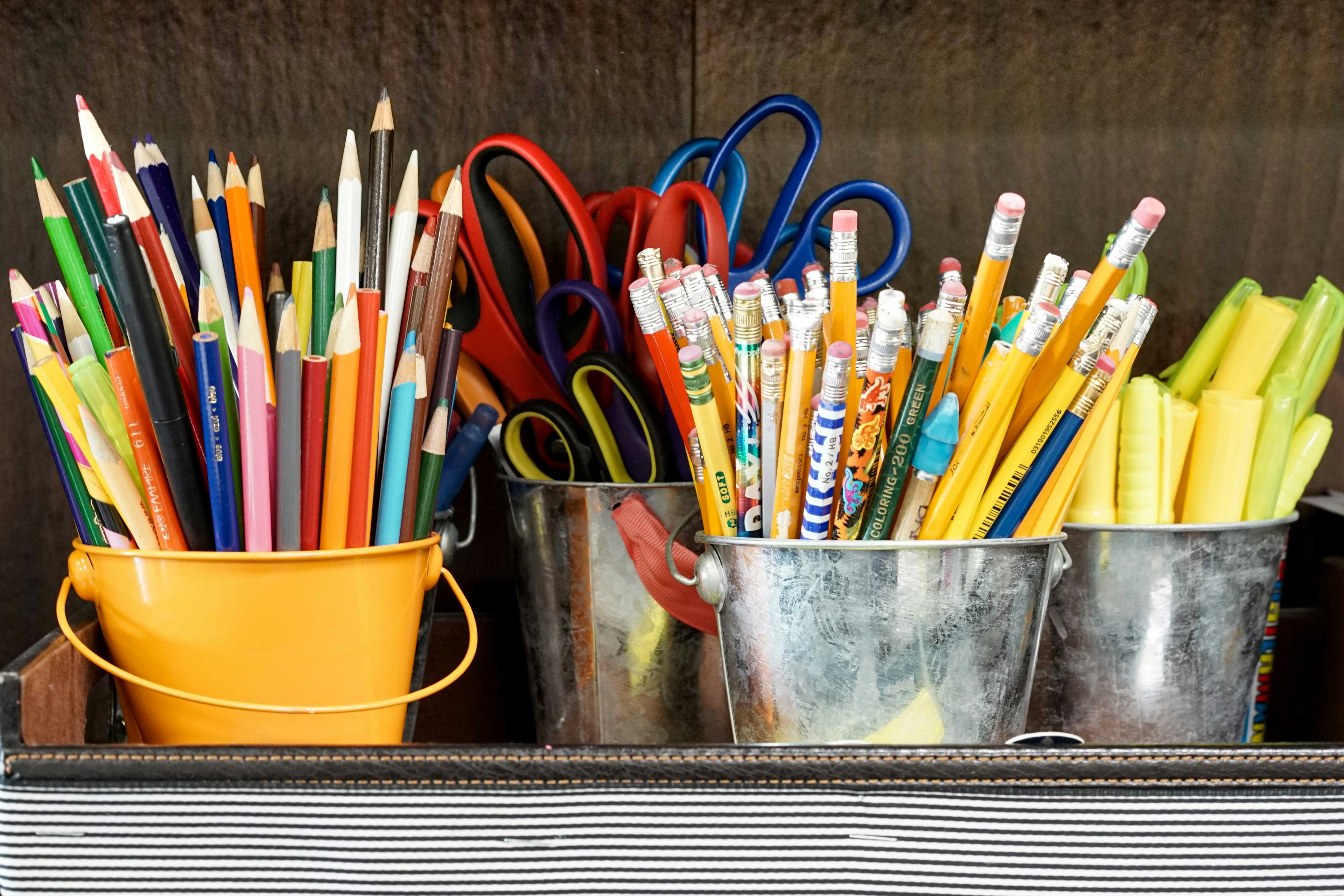 School Supplies in Cute Metal Buckets