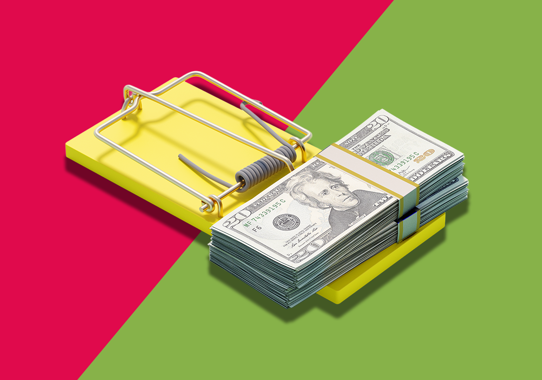 Red and green background with money mouse trap