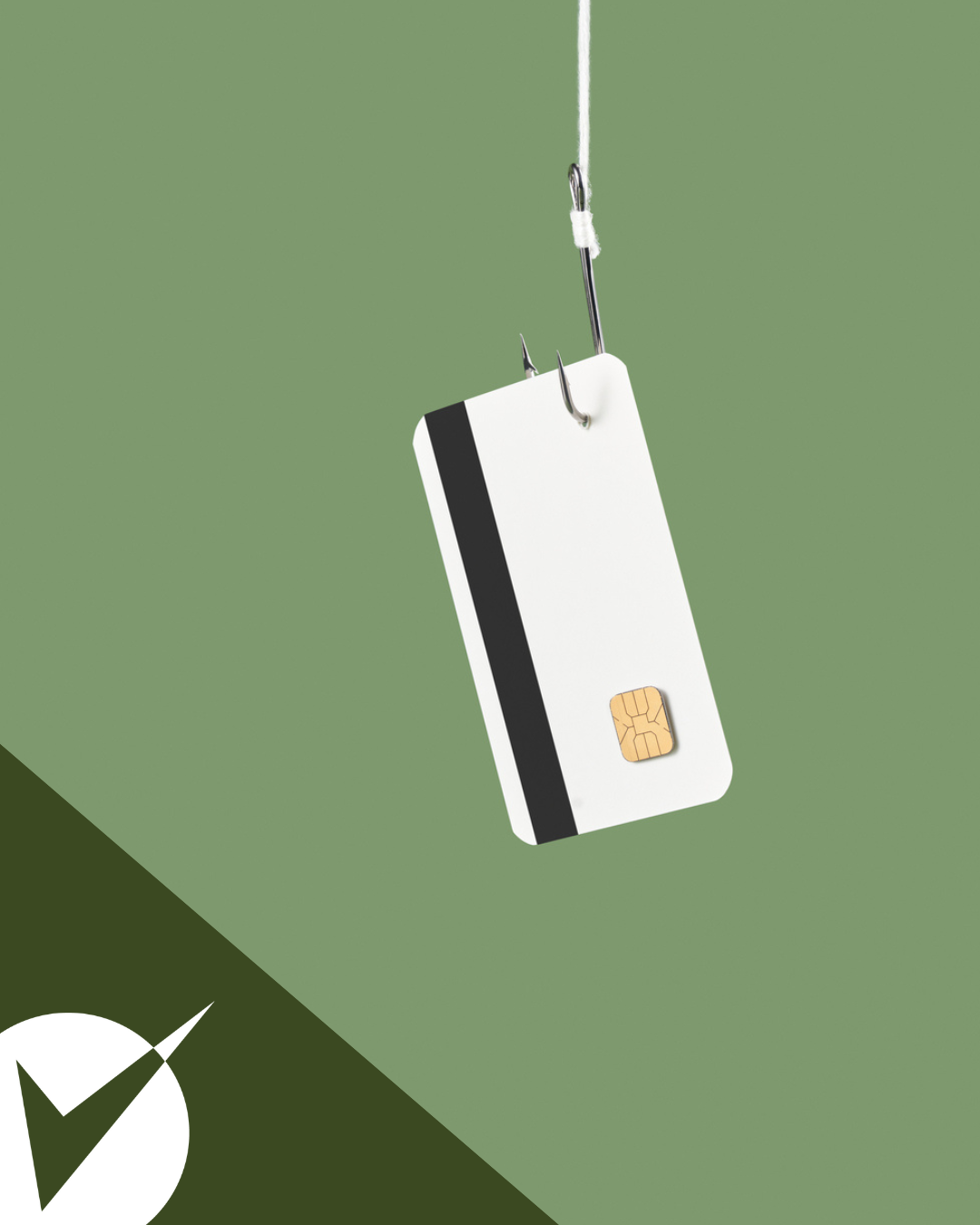 Fish hook snagging plain credit card against green background