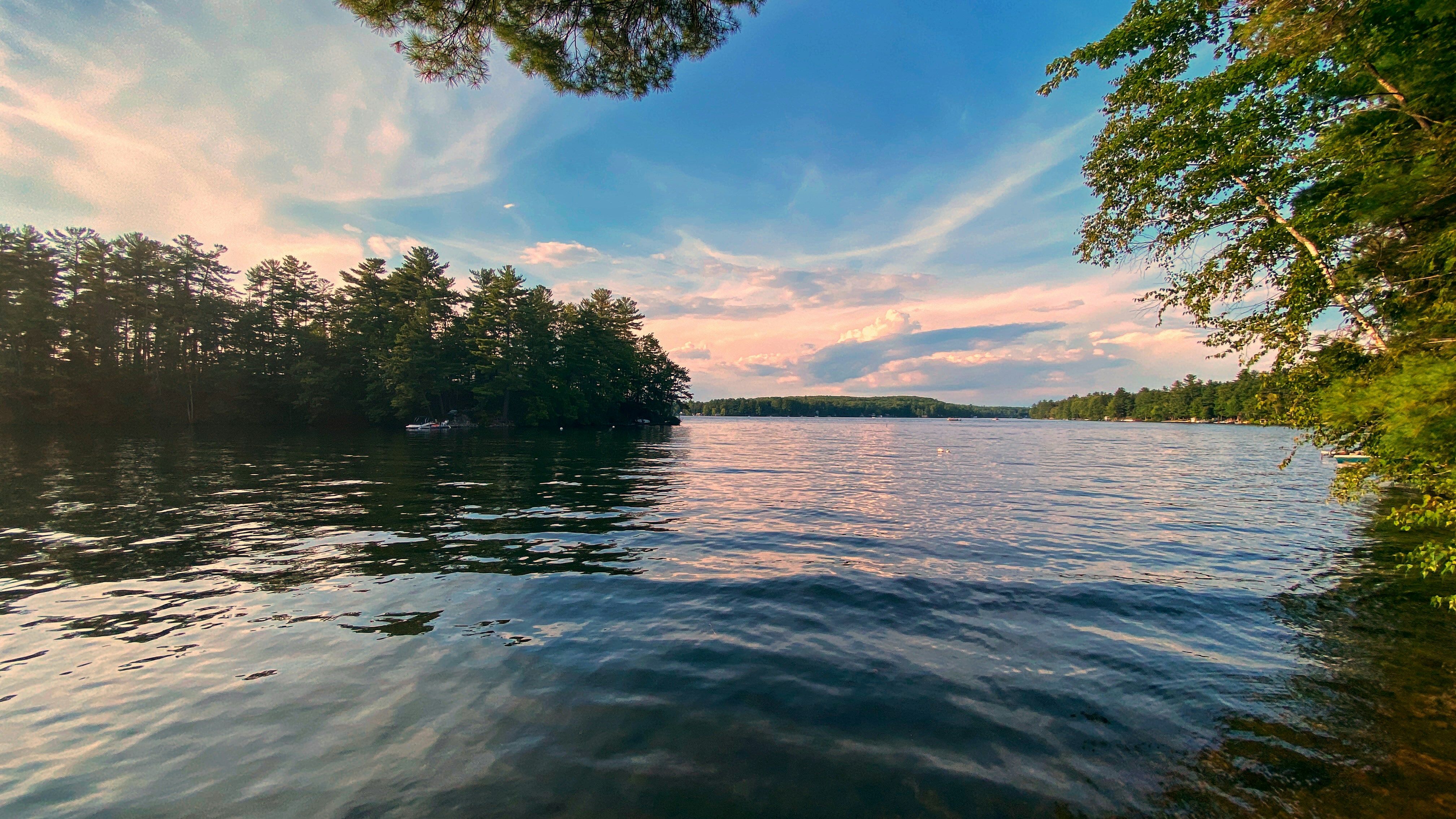 Maine lake with trees and pretty pink and blue sky