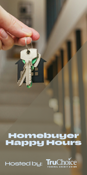 Keys with House Keychain Held Up Against Stairs in House
