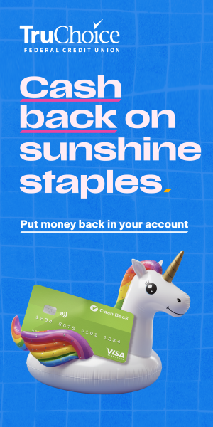 Bright blue pool with unicorn pool float holding green cash back credit card. Text reads: 